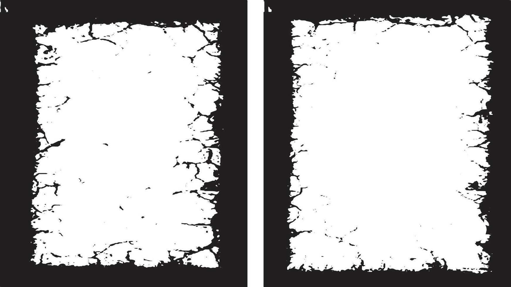 two black and white frames with cracks on them, three white vertical banners with black borders, a square frame with black and white grunge effect paint set vector