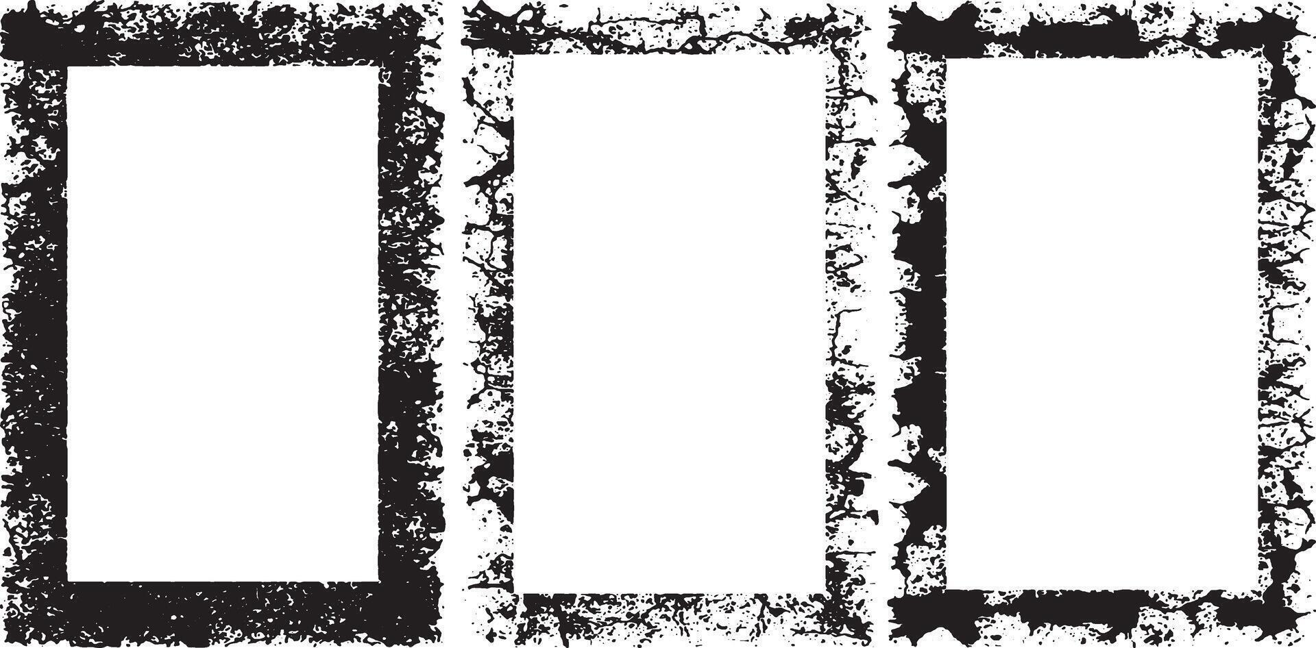 grunge frames set , three white vertical banners with black borders, a square frame with black and white grunge effect paint set vector