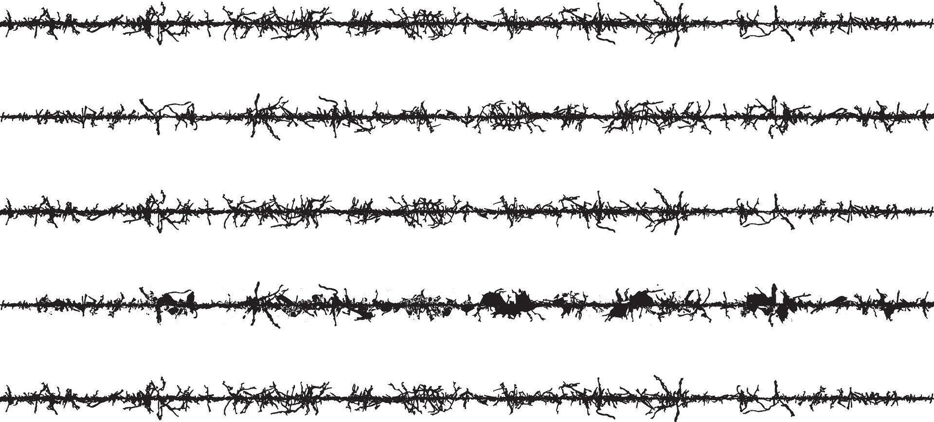 a series of black and white sound waves, A set of black and white fence lines with different shapes, a border wire with barbed wire, barbed with a line vector