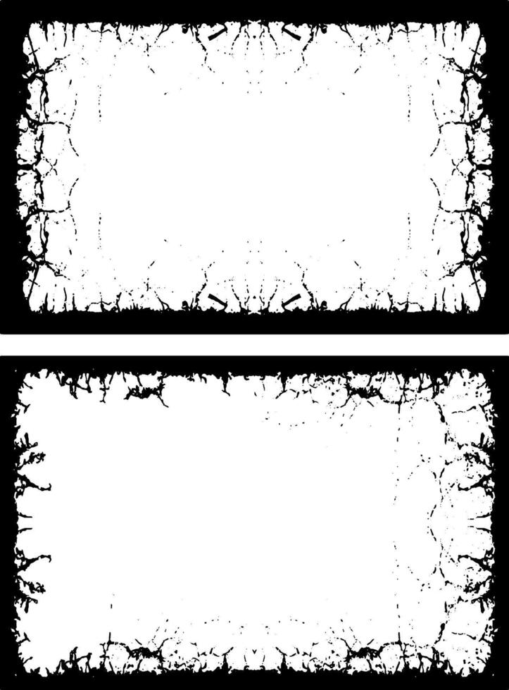 two black and white frames with a crack pattern, three white vertical banners with black borders, a square frame with black and white grunge effect paint set vector