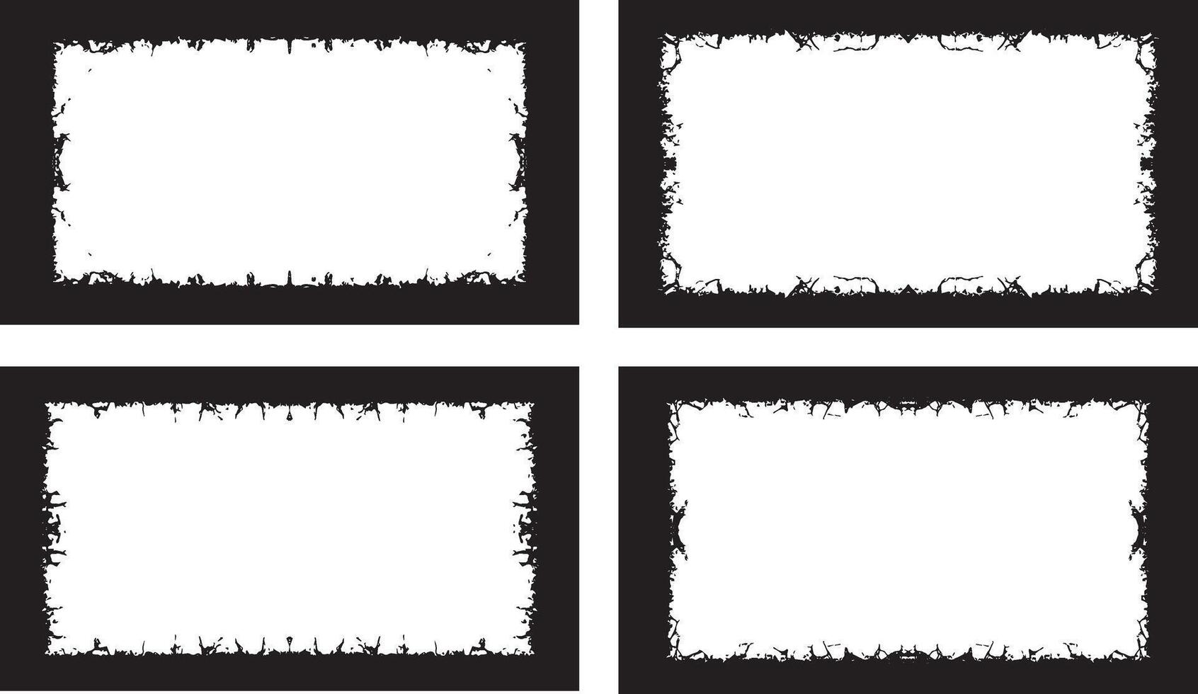 four square frames with black and white paint, three white vertical banners with black borders, a square frame with black and white grunge effect paint set vector