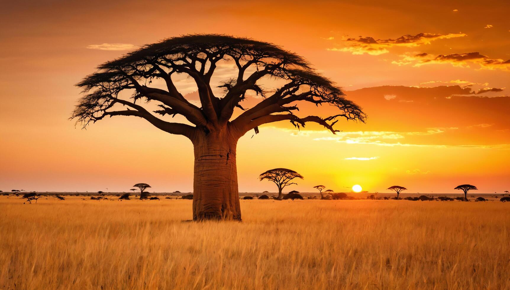 An expansive African savanna at sunrise, featuring a lone baobab tree silhouetted against a vibrant orange and yellow sky photo