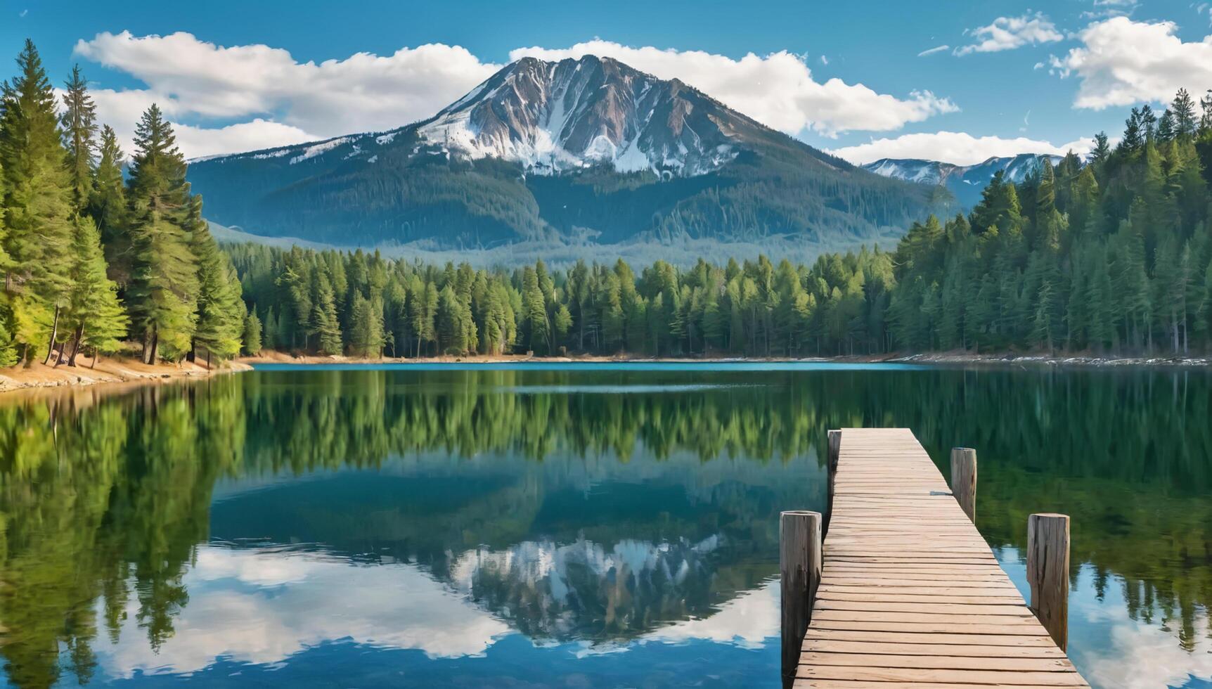 An expansive, serene nature landscape featuring a tranquil lake surrounded by tall pine trees and rolling green hills in the background photo
