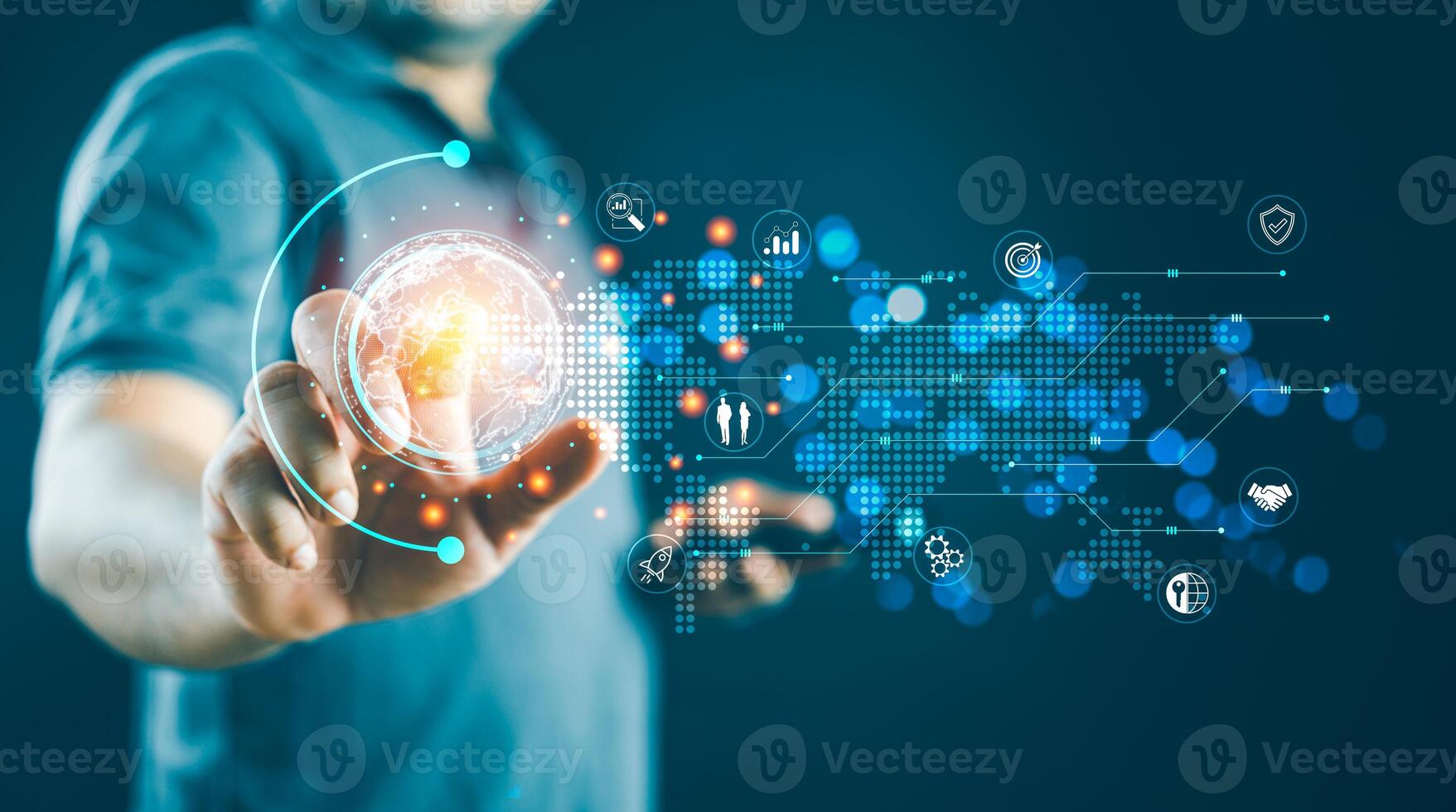 Businessman touching global structure networking and data exchanges connection. Financial and banking photo