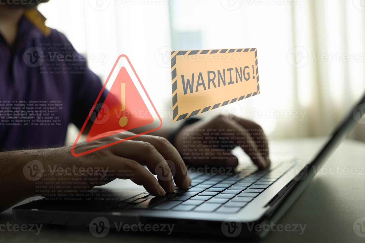 System hacked warning alert on notebook. Cyber attack on computer network. Compromised information internet. photo