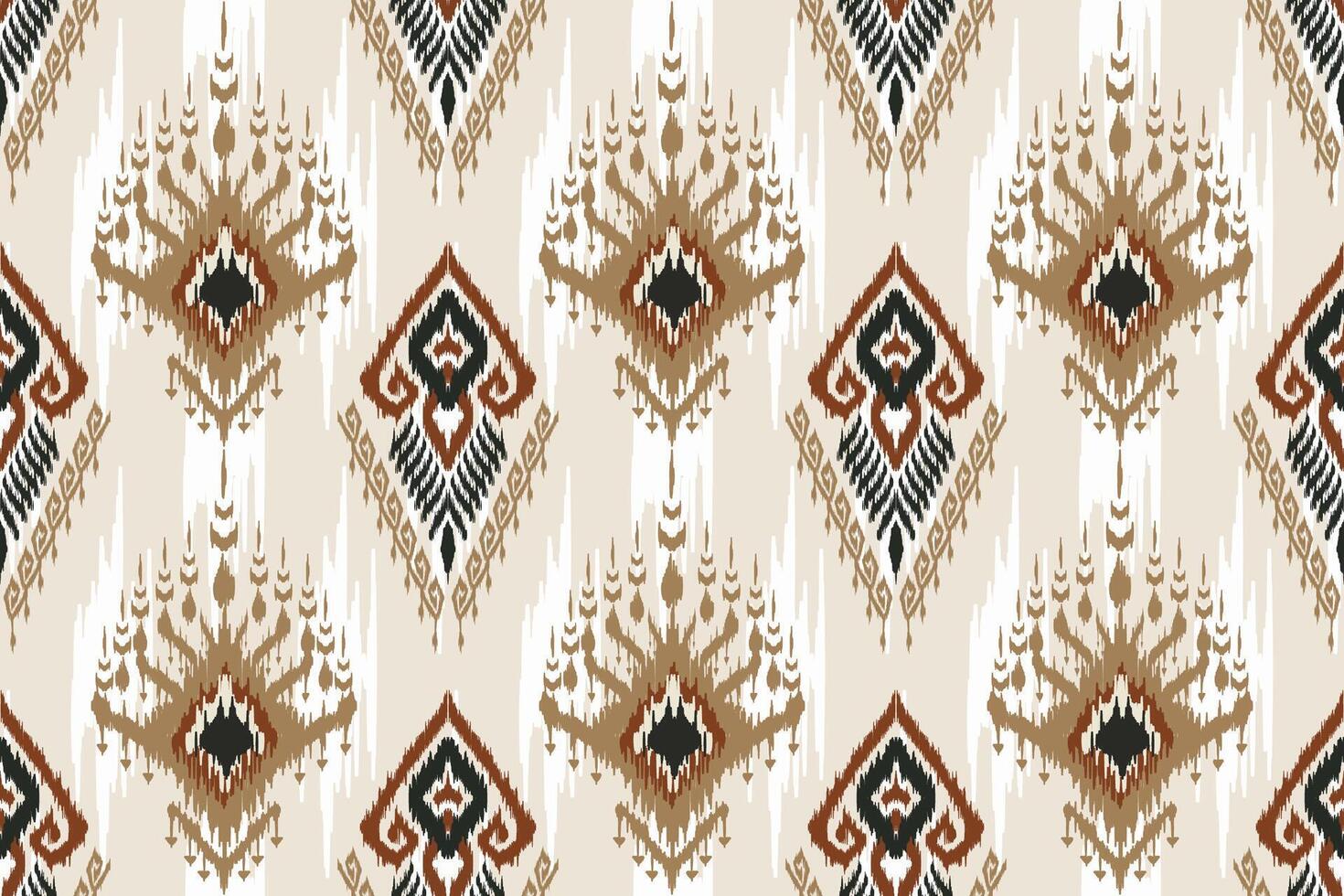 Geometric Ikat pattern in earthy tones of brown, beige, and black featuring traditional tribal motifs, perfect for textiles, upholstery, wallpaper, and fashion, adding rustic charm to any design. vector