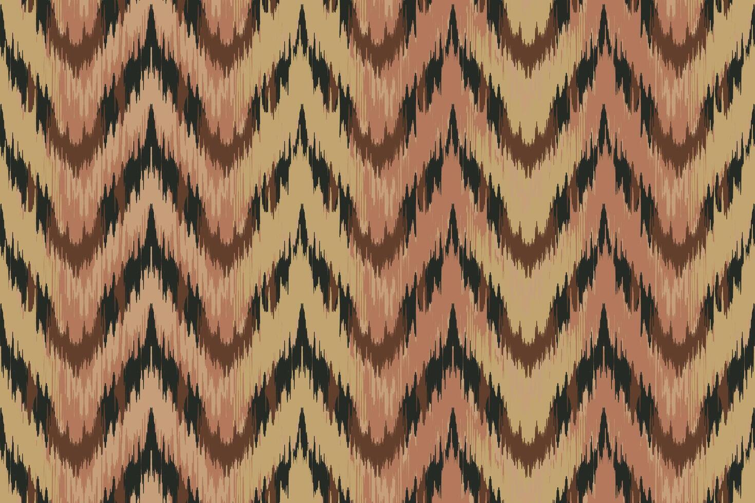 Seamless ikat fabric pattern with zigzag patterns in brown, beige and black tones, perfect for textiles, upholstery and interior decoration. Features traditional tribal elements. vector