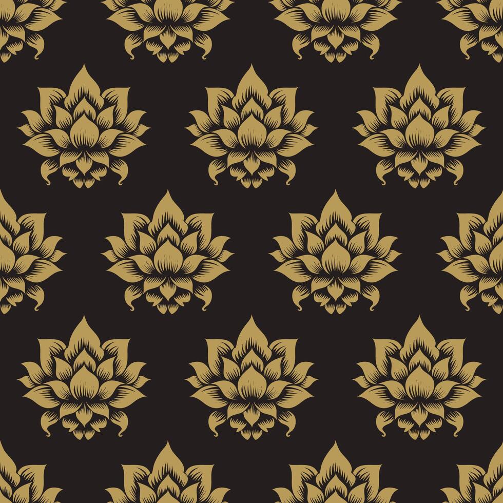 Seamless Golden Lotus Flower Pattern on Black Background, Ornamental Design with Elegant Floral Motif in Traditional Style, Decorative Gold Damask for Luxury Wallpaper, Fabric, and Interior Decor vector