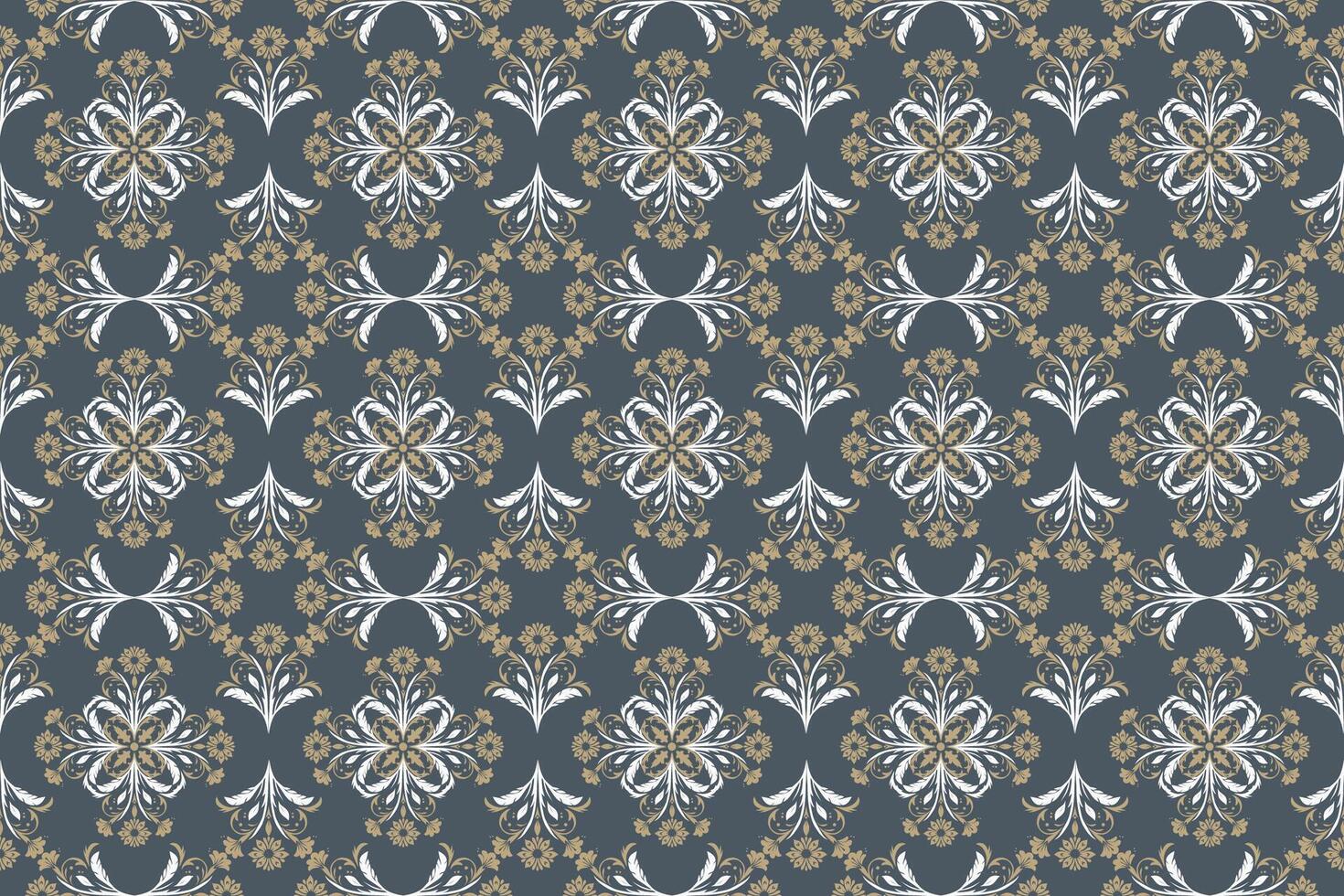 Seamless damask pattern in elegant white and gold floral motifs on a navy blue background. Ideal for use as wallpaper, fabric and home decor. vector
