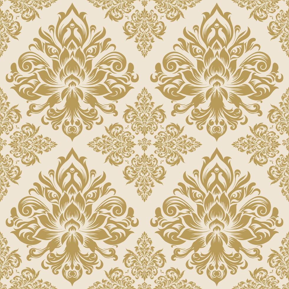 Seamless golden damask pattern on beige background. Luxurious classic ornament in baroque style. Golden ornament design for wallpaper, textiles and luxury interior. vector