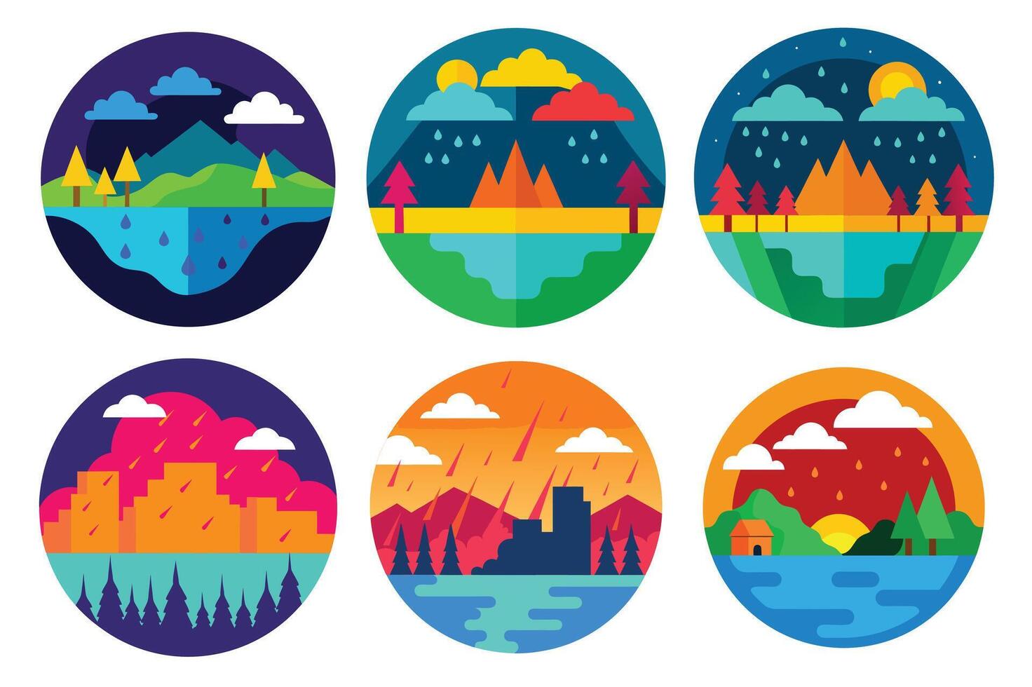 Vibrant monsoon rain or urban view with rain effects set vector