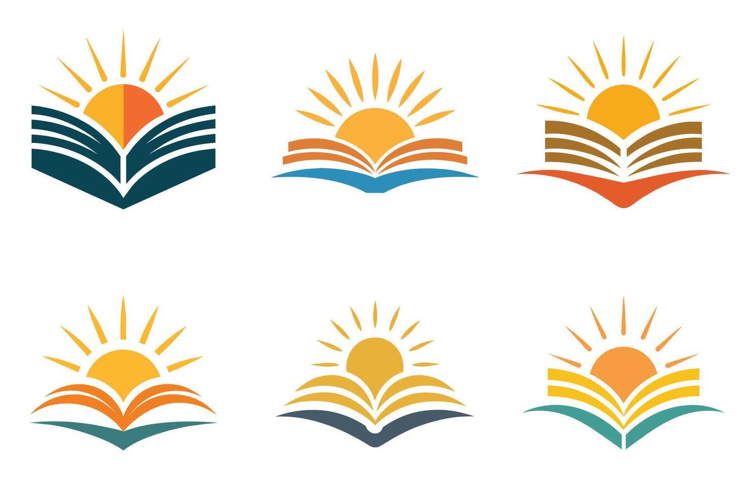Education logo set featuring sun over open book, representing wisdom and discovery through learning vector