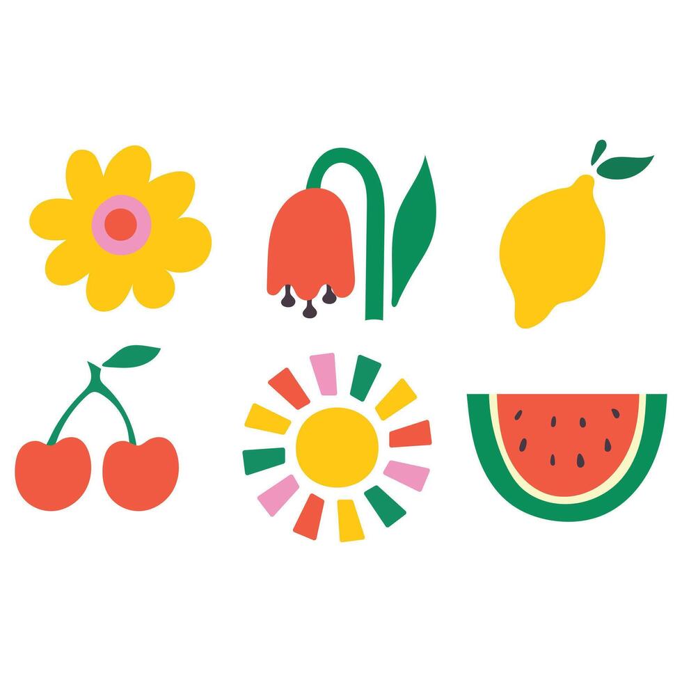 set of cute naive hand drawn summer design elements in bright rainbow colors for children's design vector