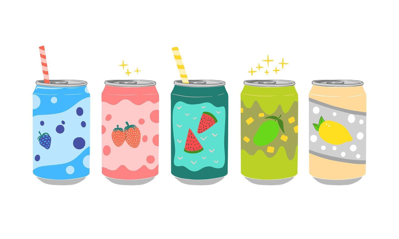Five Colorful Cans of Fruit-Flavored Soda with Straws vector
