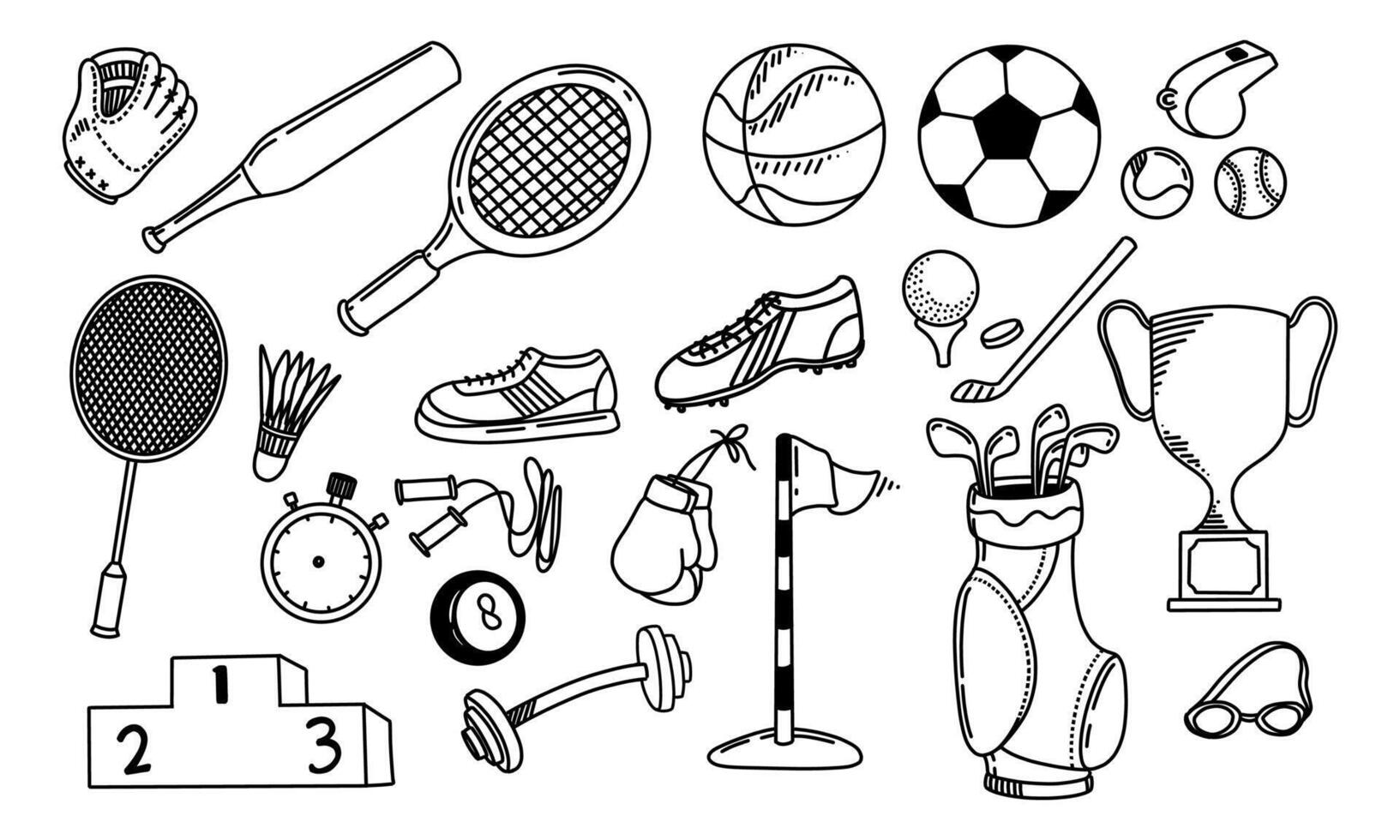 Hand-Drawn Illustration of Various Sports Equipment and Accessories vector