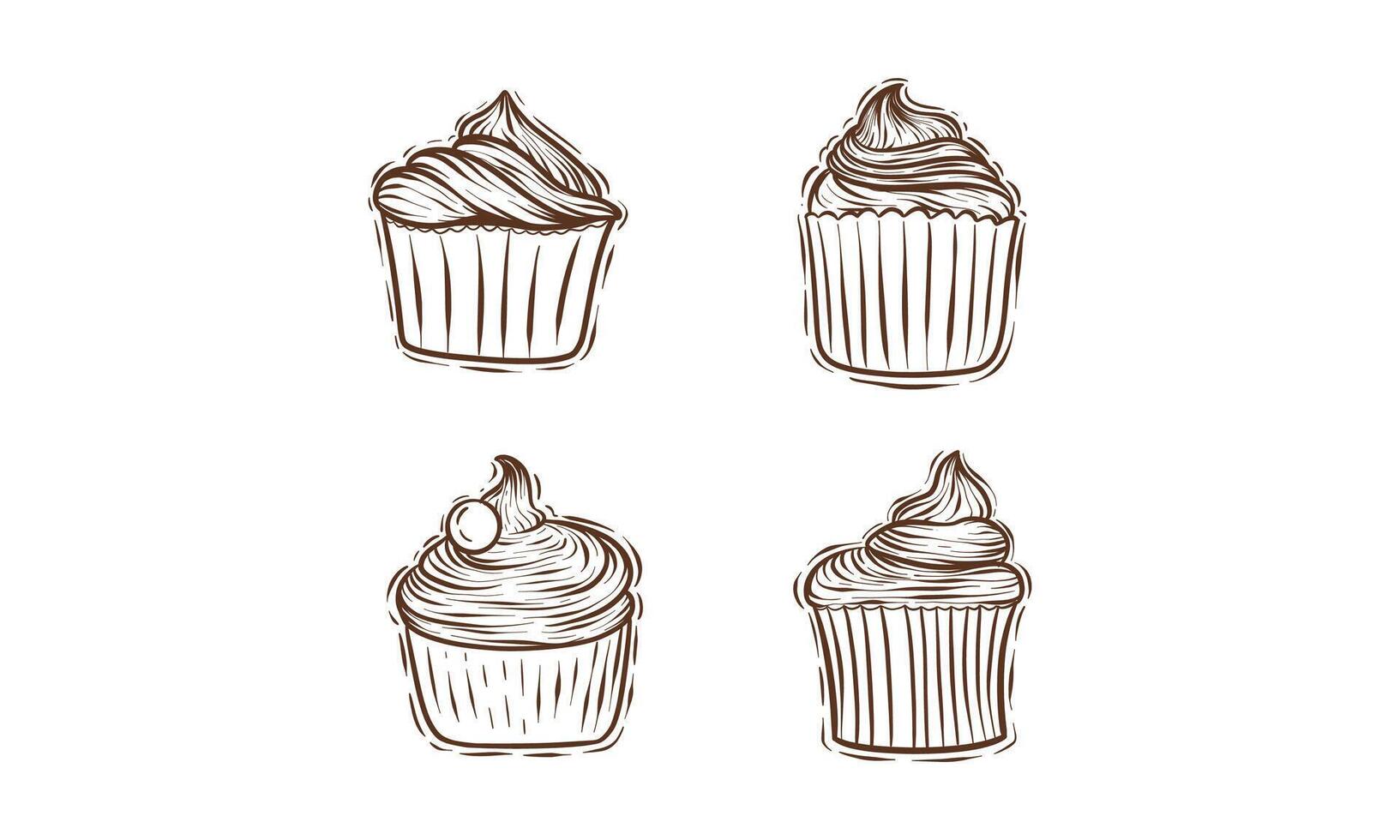 Hand-drawn illustration of four cupcakes with frosting vector