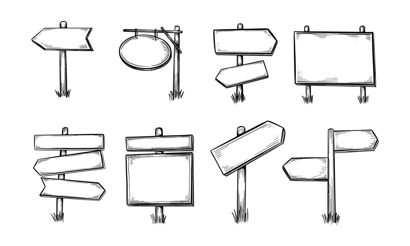 Hand-Drawn Wooden Signposts with Blank Surfaces for Directions vector