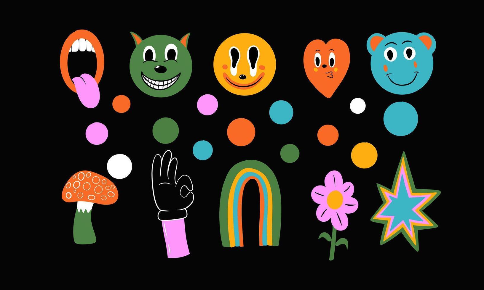 Colorful cartoon characters and shapes against a black background vector