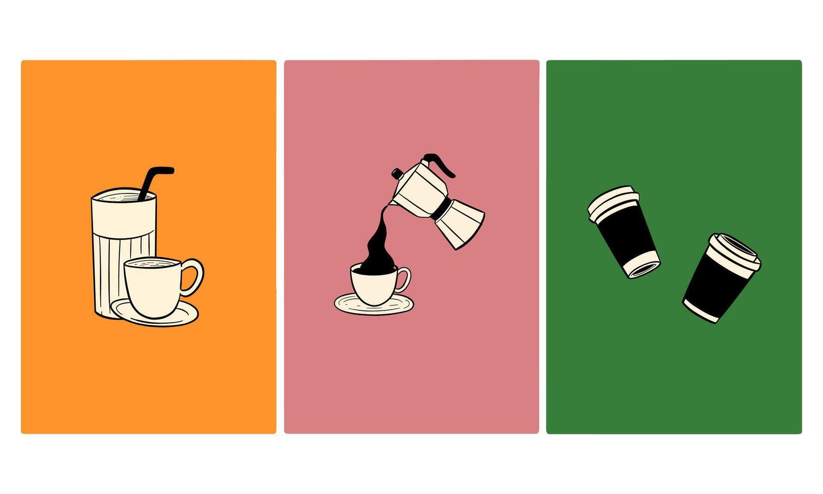 Three Colorful Panels Depicting Different Ways to Enjoy Coffee vector