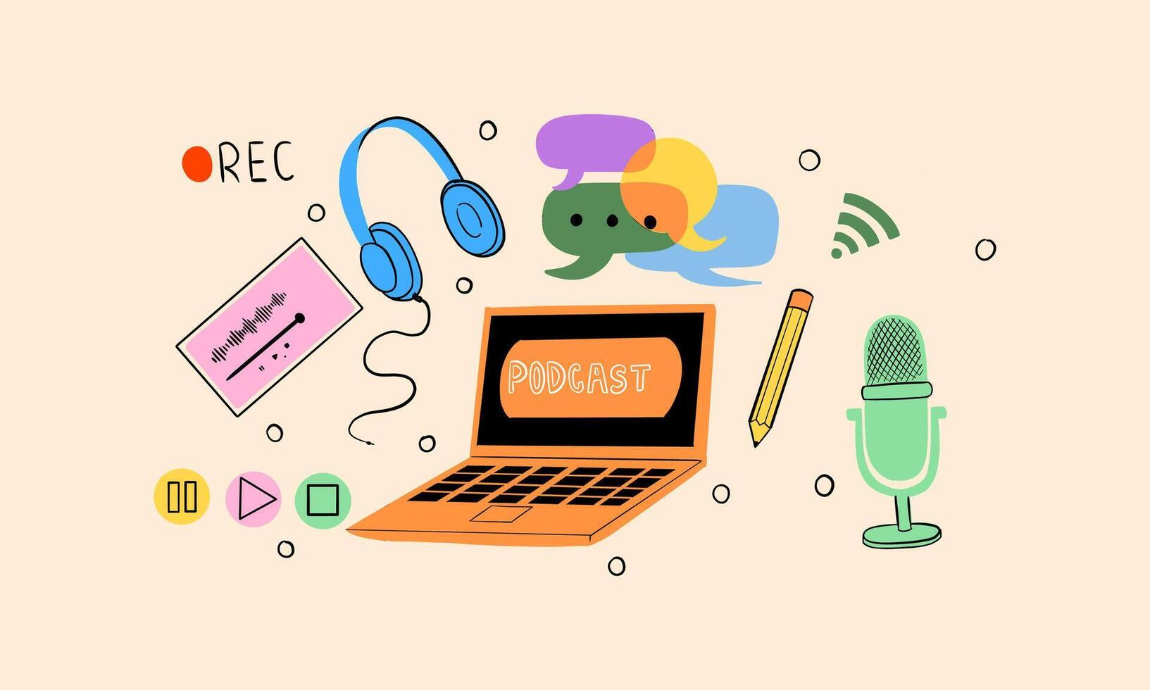 Laptop, Headphones, Microphone, and Speech Bubbles Represent Podcast Creation vector