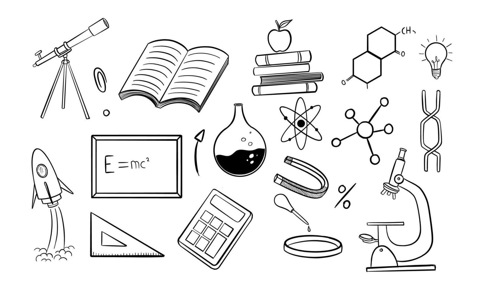 Hand-Drawn Black and White Illustrations of Science and Education Symbols vector