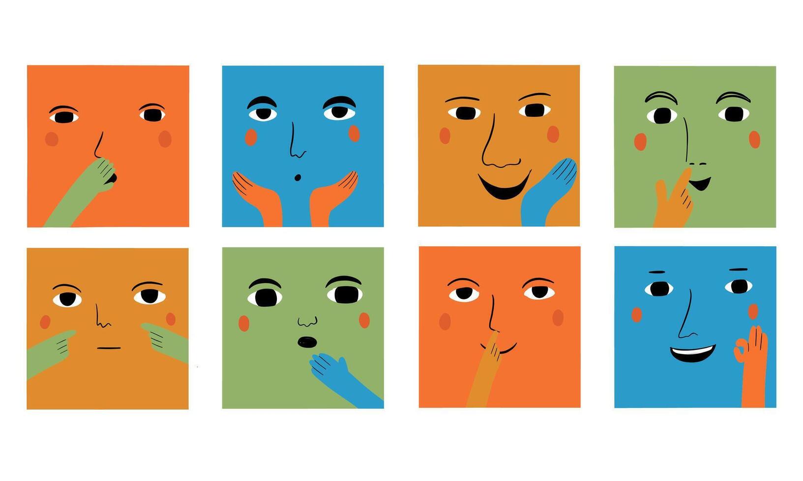 Eight Colorful Faces with Different Gestures and Expressions vector