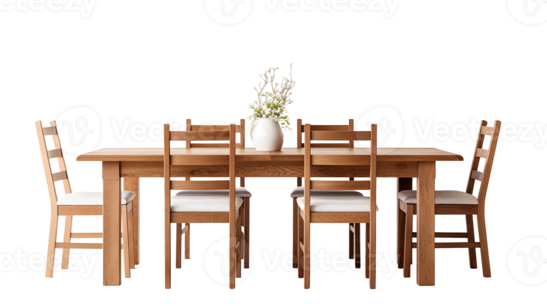 a wooden dining table and chairs on transparent background png