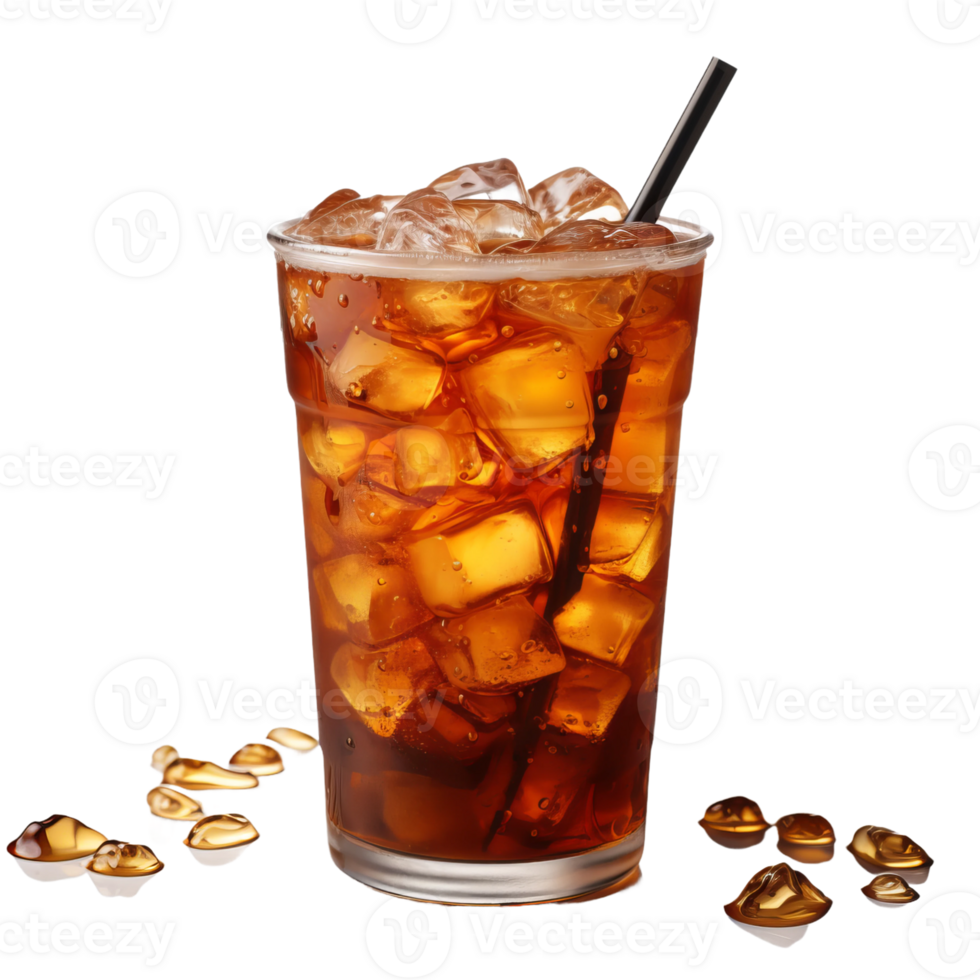 iced coffee with ice and black straw on transparent background png
