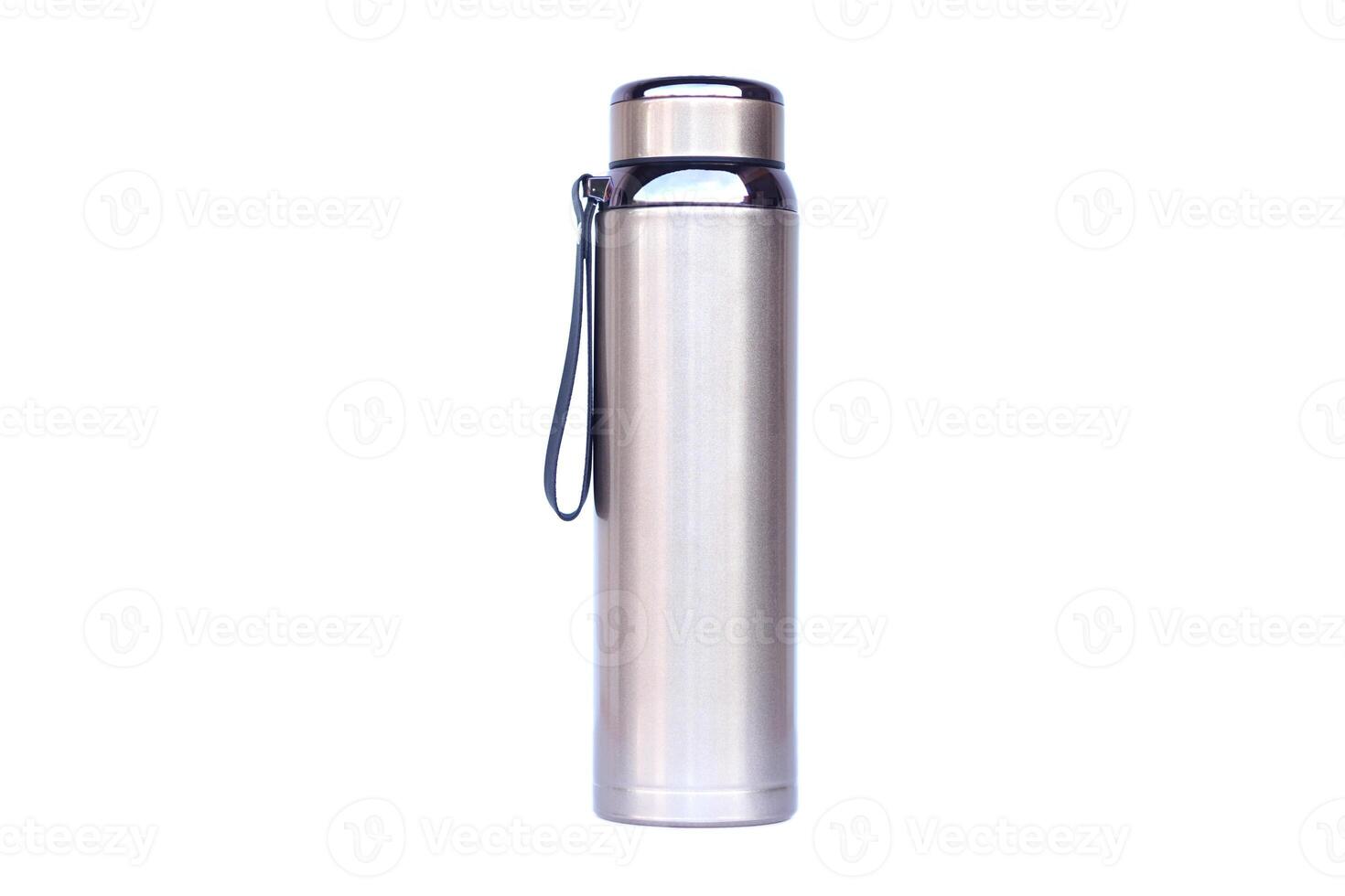 A reusable steel stainless eco thermo water bottle, isolated on white background. Concept, reusable water bottle for keeping temperature of cool or warm water. Drinking water container. photo
