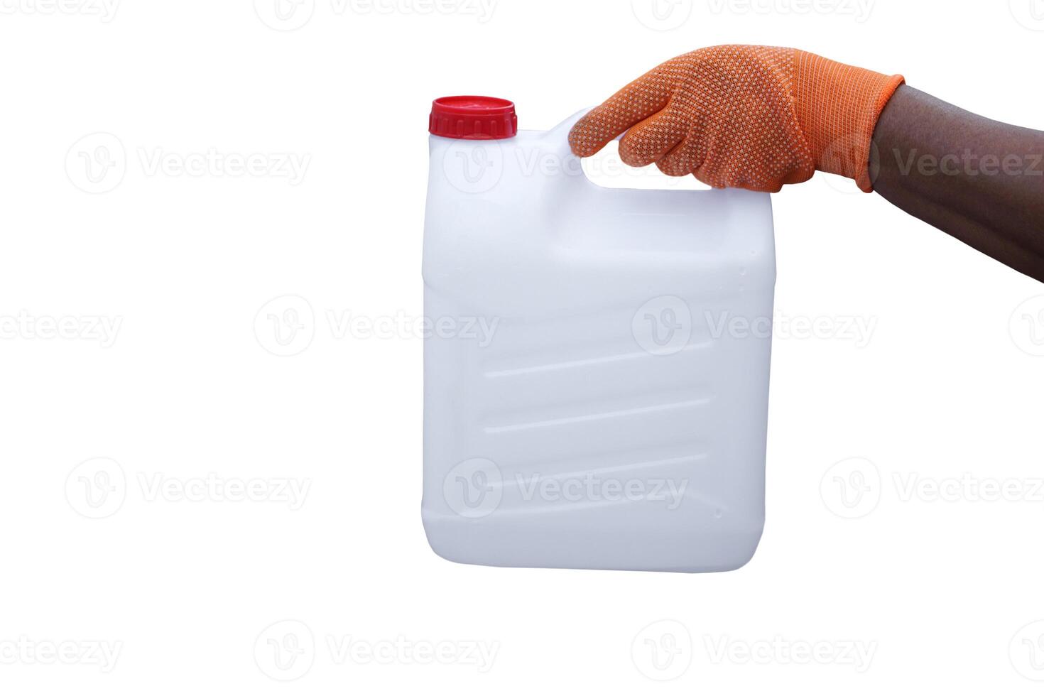 Close up hand holds plastic gallon or canister , isolated on white background. Concept, container for contain water, liquid chemicals in daily life. Plastic packaging industry. photo