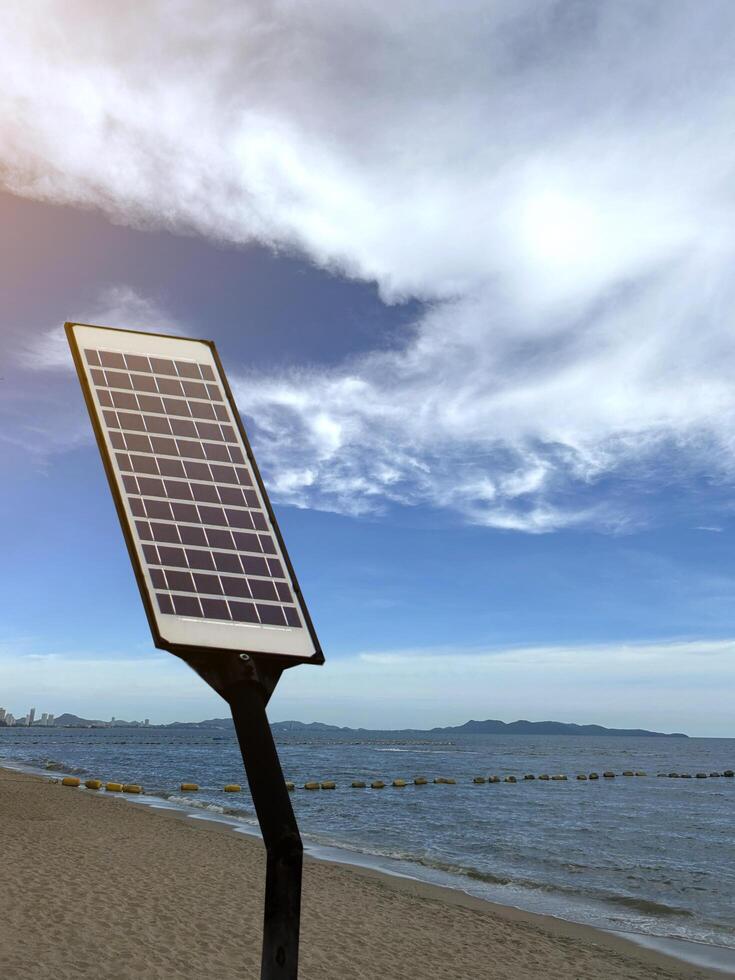 Mini solar panels or photovoltaic. Sky background. Concept using green and clean energy for environment. Renewable energy, Natural power from sunlight to generate electricity. Sustainable energy. photo