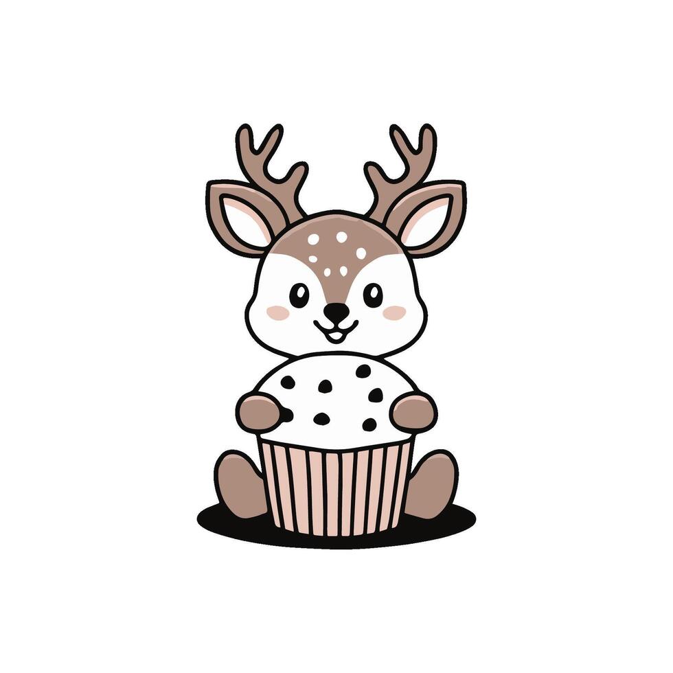 Simple illustration of cute deer with a muffin with chocolate chips vector