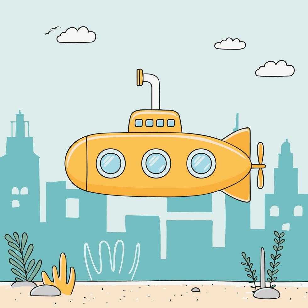 Submarine with an underwater city doodle illustration vector