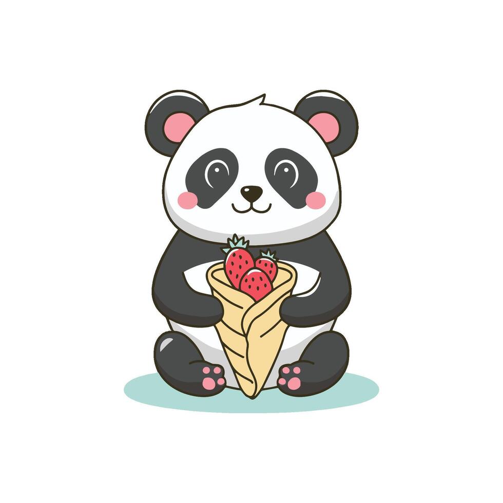 Simple illustration of cute panda holding a crepe with strawberries vector