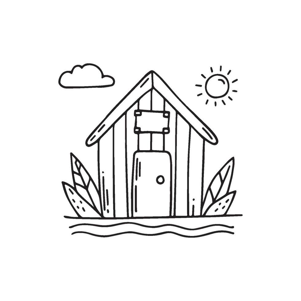 Simple drawing of a beach hut by the water vector