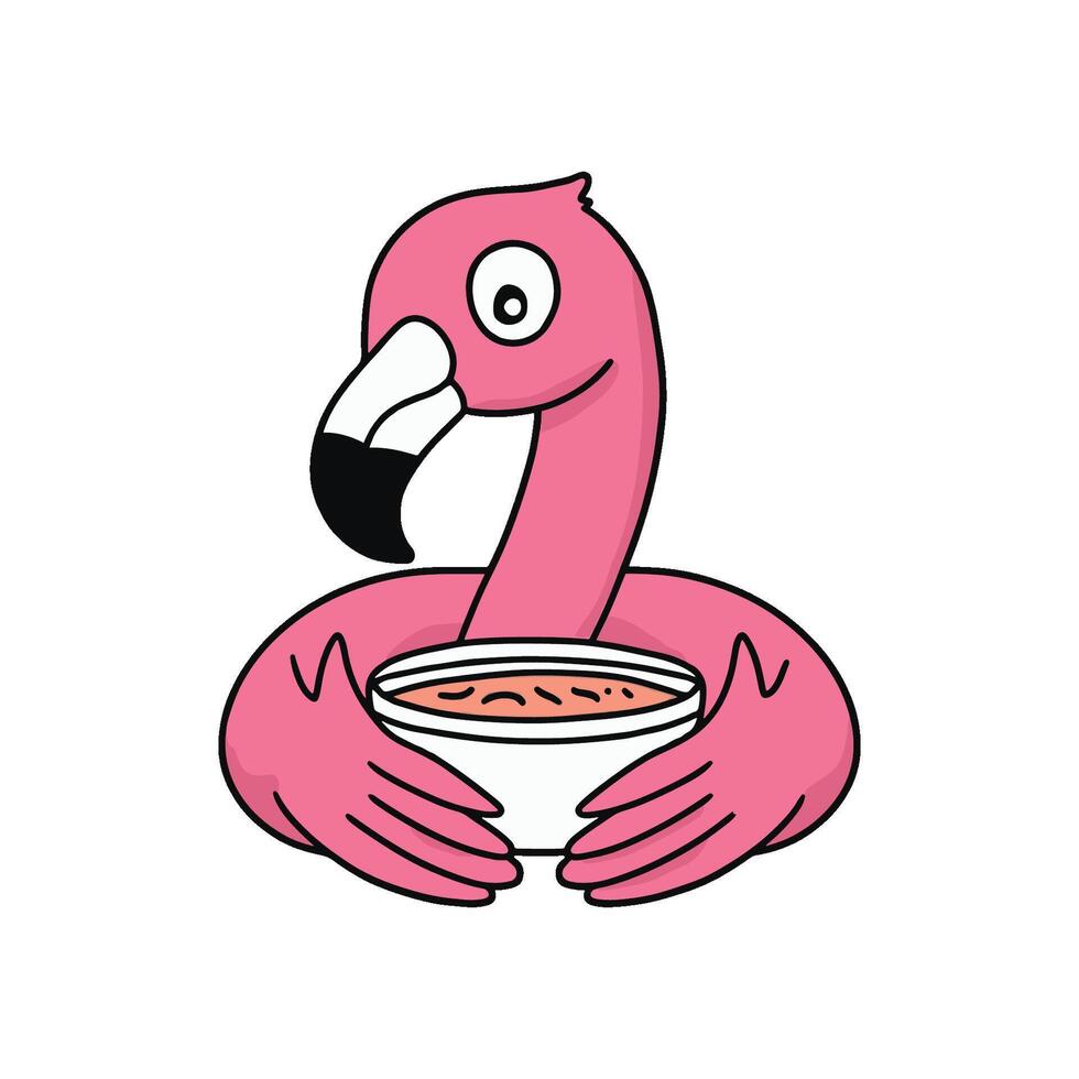 Simple illustration of cute flamingo holding a soup bowl with a spoon vector