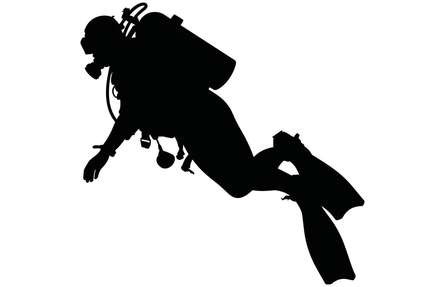 Diver Silhouette Underwater Adventure in black isolated on white background. vector