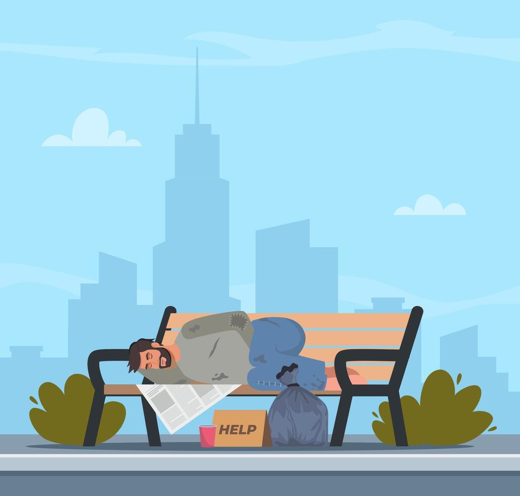 Poor bum male character in dirty ragged clothes sleeping on bench. Man pauper live on street outdoors. Homeless people concept. Illustration. vector