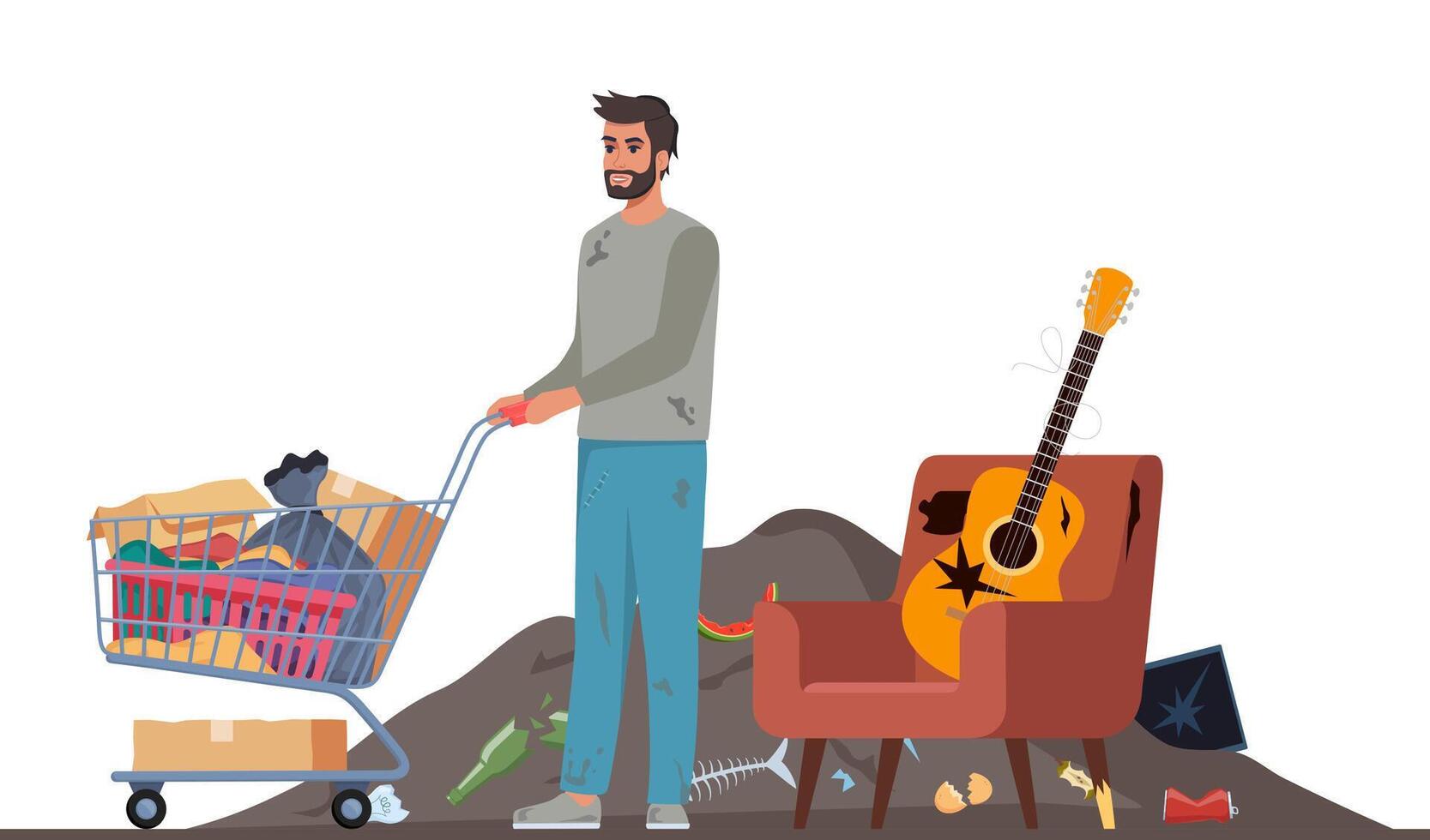 Homeless vagrant person looking for things in a landfill. Ragged vagabond. Homeless man with trolley cart full of belongings. Beggar on dump. . vector
