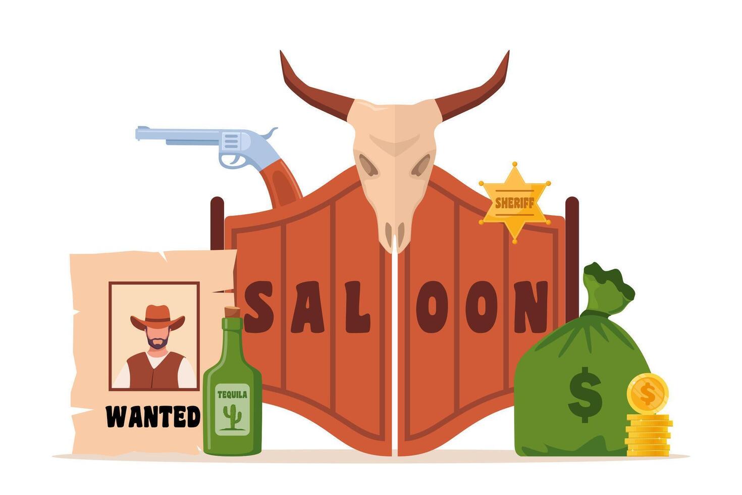 Wild West icons composition. Western and cowboy elements. Texas symbols. . vector