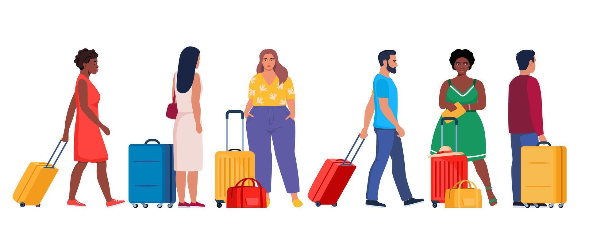 Multinational Travelers with baggage. Characters with suitcases and bags. Tourists group with suitcases. Traveling crowd with luggage. Concept for travel or lifestyle blogs. Illustration. vector