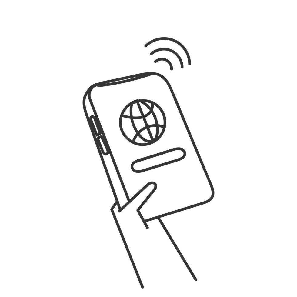 hand holding smartphone with globe icon illustration vector