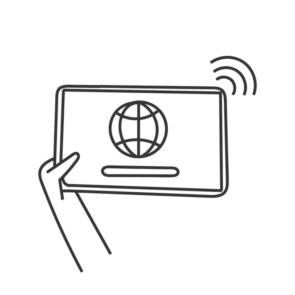 hand holding tablet with globe icon illustration vector