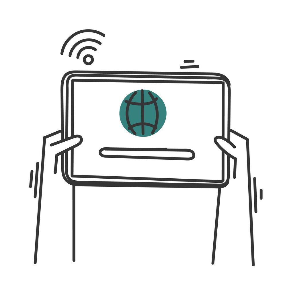 hand holding tablet with globe icon vector