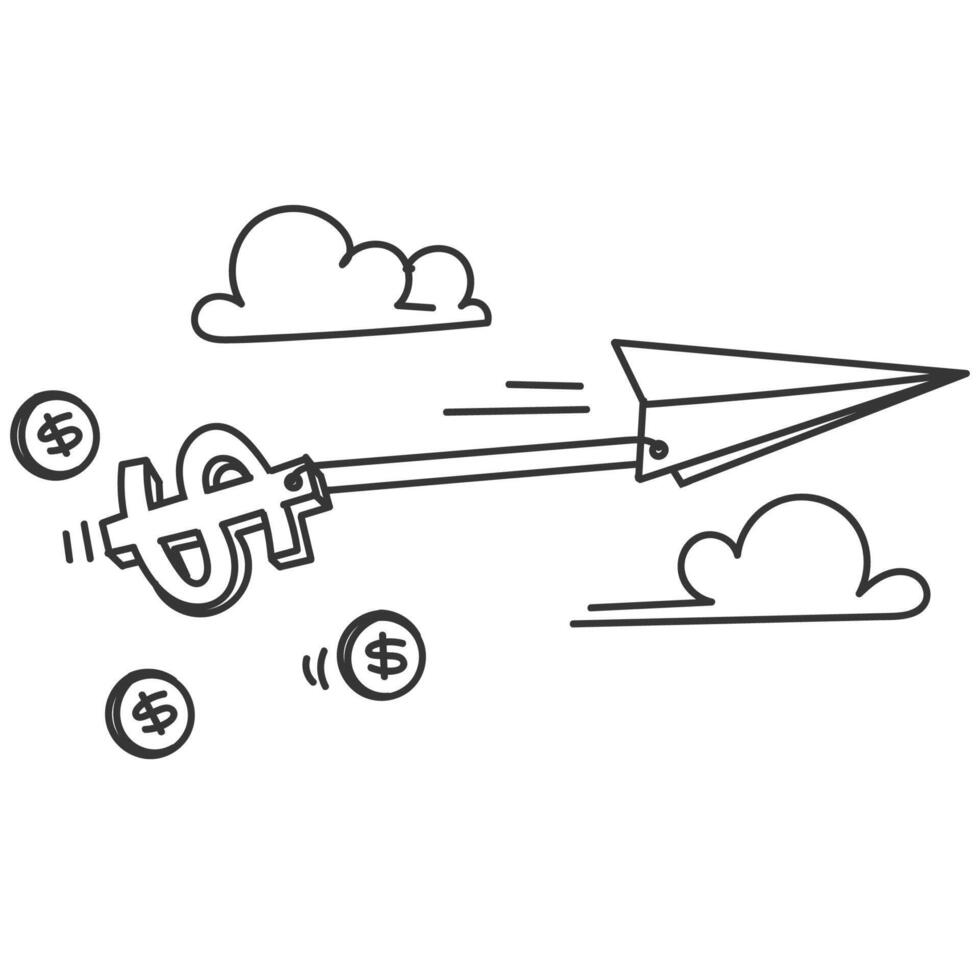 a cartoon paper airplane flying over a stack of money vector