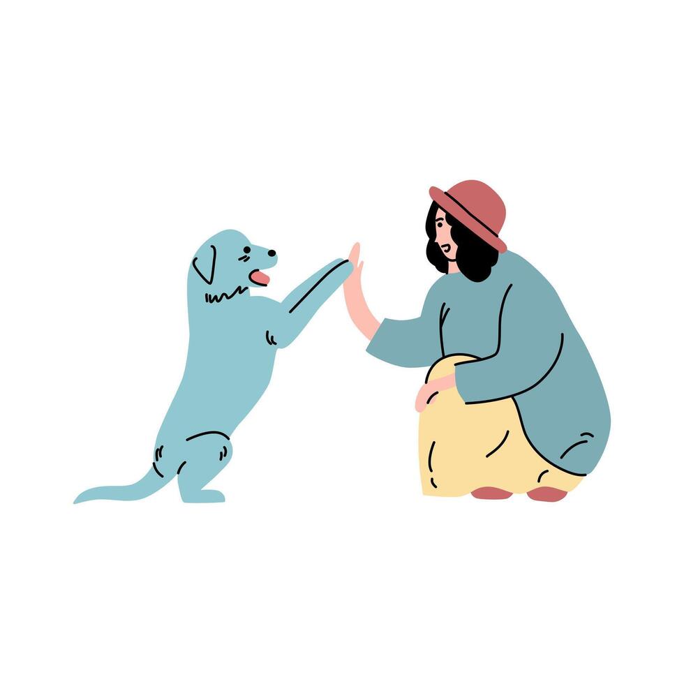 illustration of a woman playing with her pet dog vector
