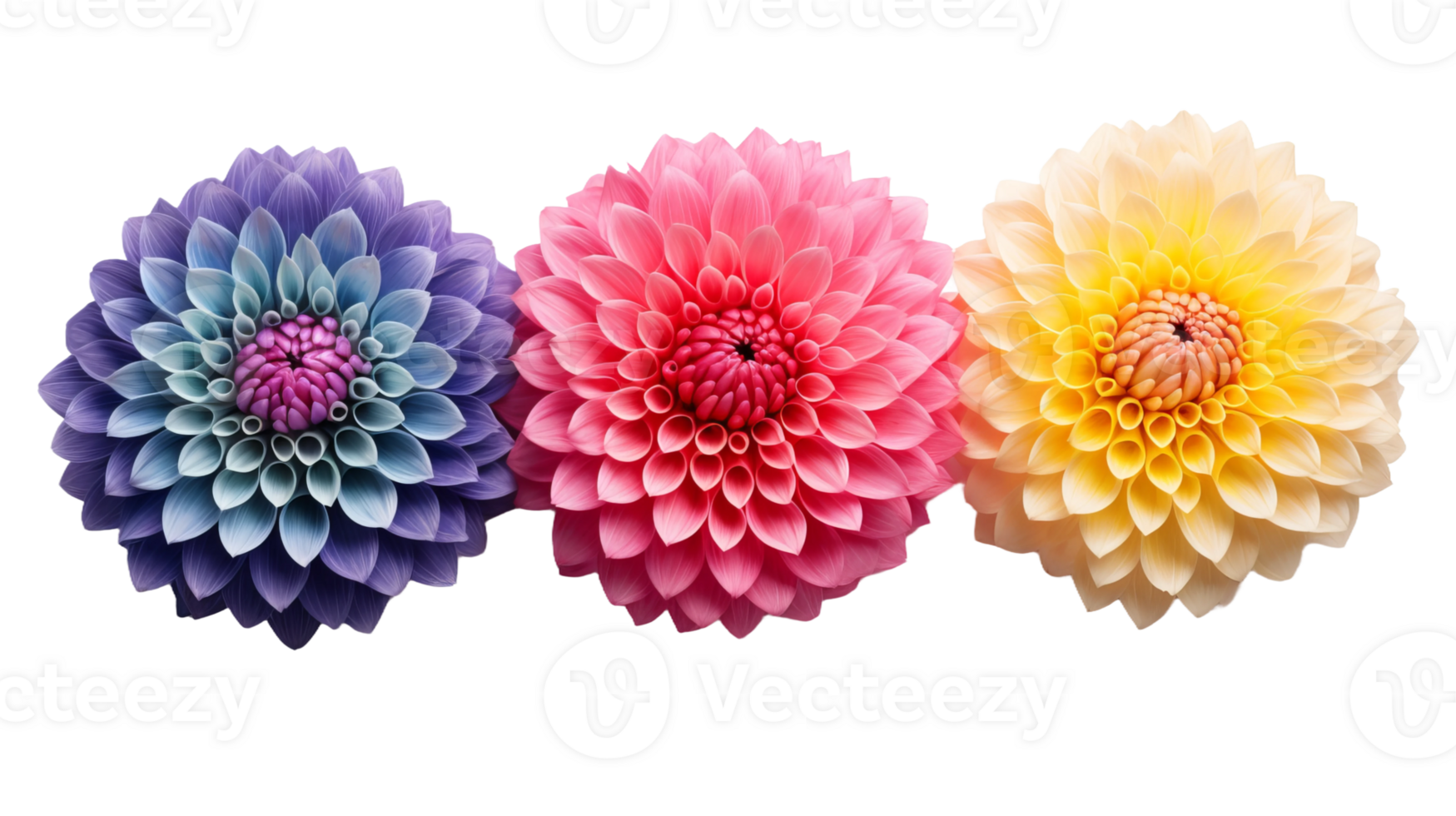 three flowers in different colors on a transparent background png