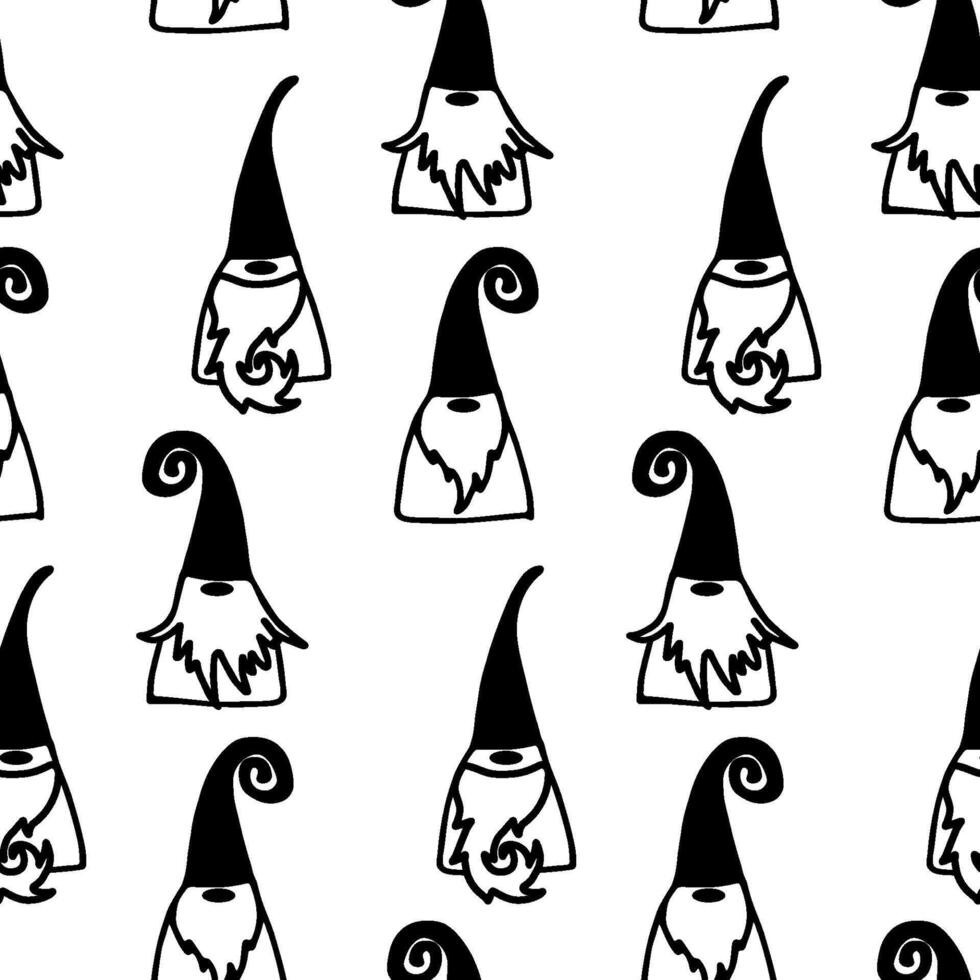 Seamless Pattern of Black and White Gnomes with Swirled Hats and Beards vector