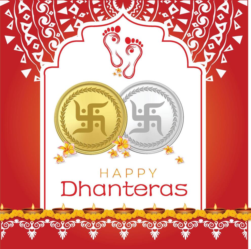 happy dhanteras gold and silver coin with laxmi footprint ,oil diya background poster design vector
