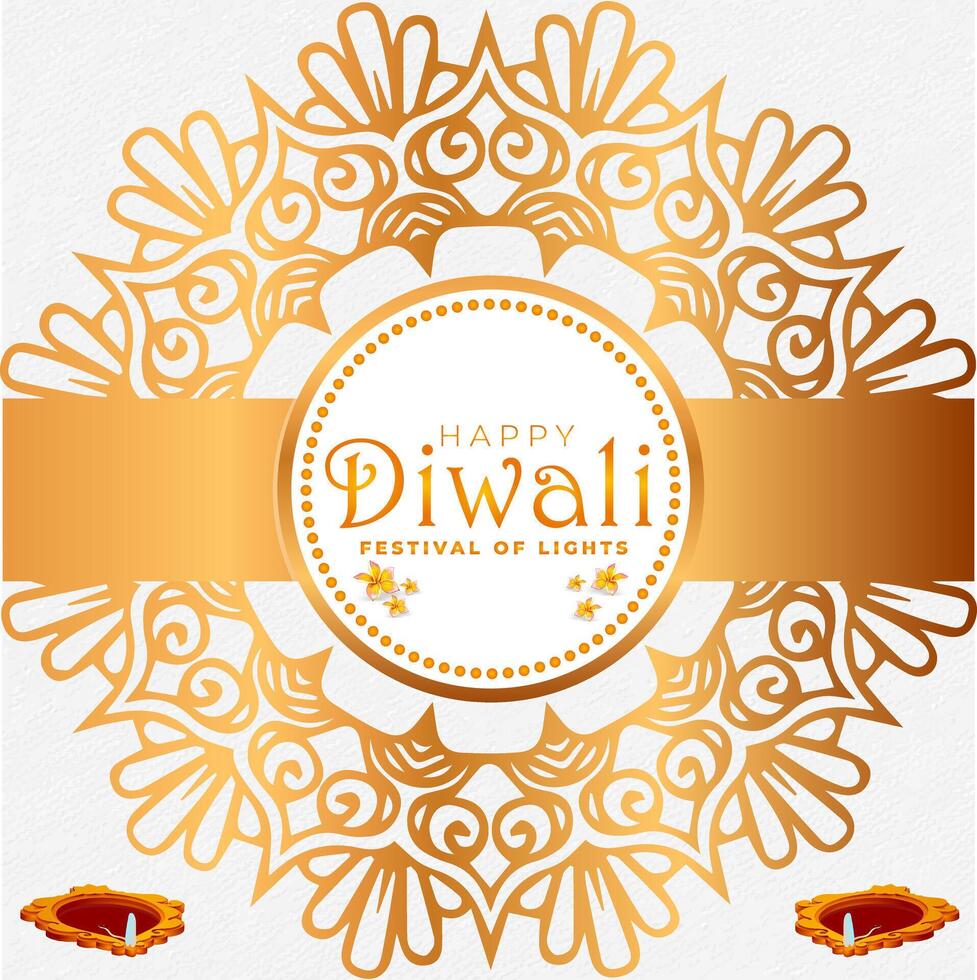 Happy Diwali golden colour poster in mandala art with oil diya vector